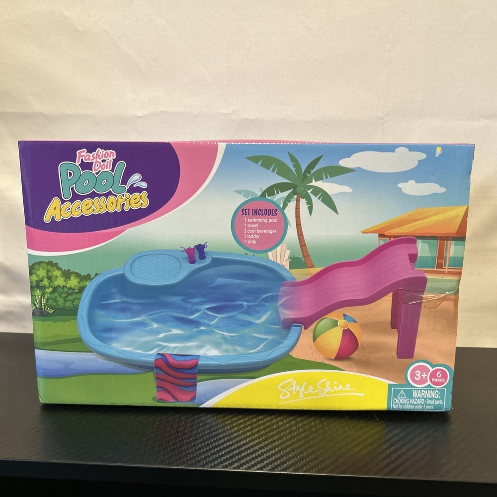 Fashion Doll‎ Pool Accessories-Pool, Towel, 2 Cool Beverages, Ladder & Slide